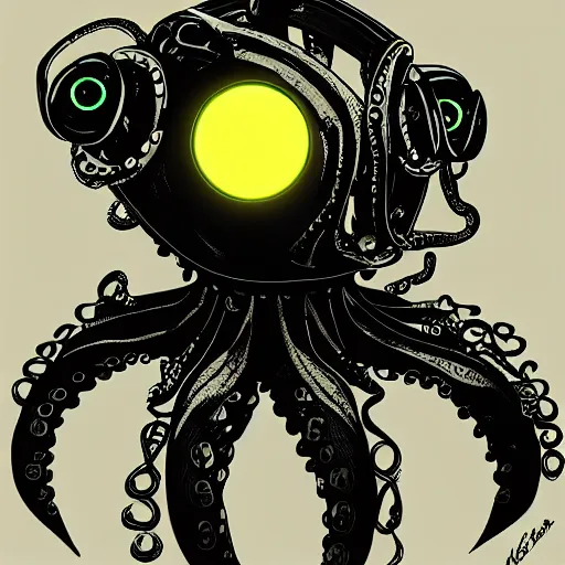 Prompt: a robot cyborg octopus, half octopus half machine, glowing eyes, ominous