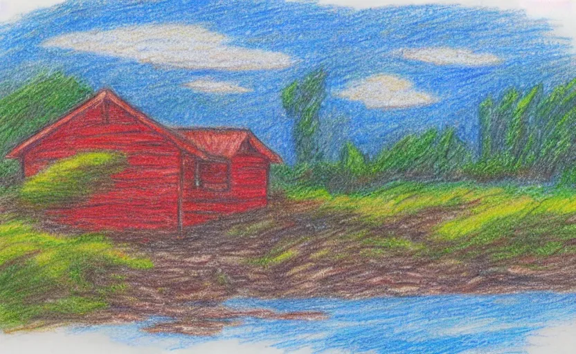 Image similar to a color pencil sketch of a serene landscape with a singular building near a river, cute, natural lighting, high quality, highly detailed, drawing, realistic, godrays, complementary colors, beautiful, concept art