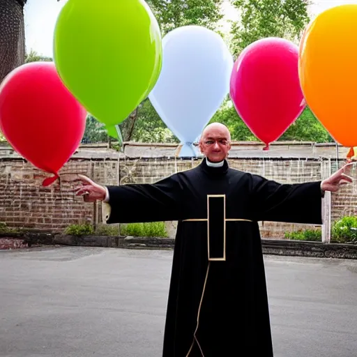 Image similar to a priest holding many balloons