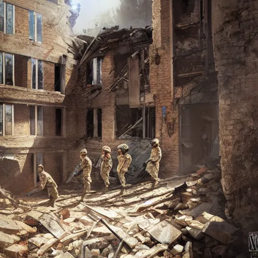 Image similar to American soldiers entering the ruins of an apartment, cinematic, professional photography, low-angle, behance, digital art, WLOP, Mandy Jurgens, ArtStation