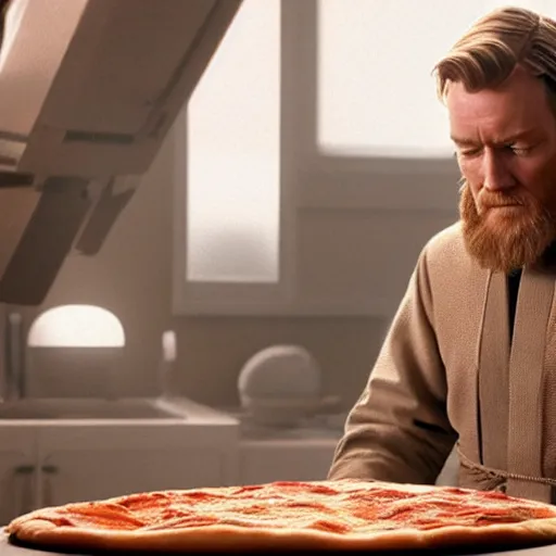 Image similar to A still of Obi-Wan Kenobi making a pizza, 4k, photograph, ultra realistic, highly detailed, professional lighting