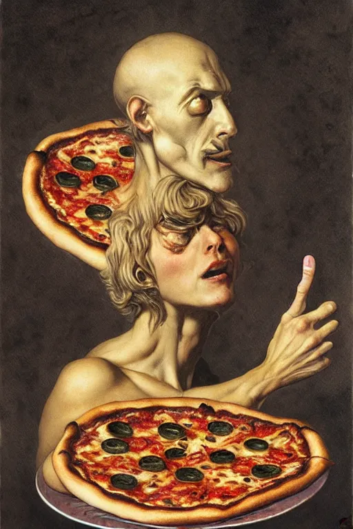 Prompt: an pizza in the style of wayne barlowe, gustav moreau, goward, bussiere, roberto ferri, santiago caruso, luis ricardo falero, austin osman spare