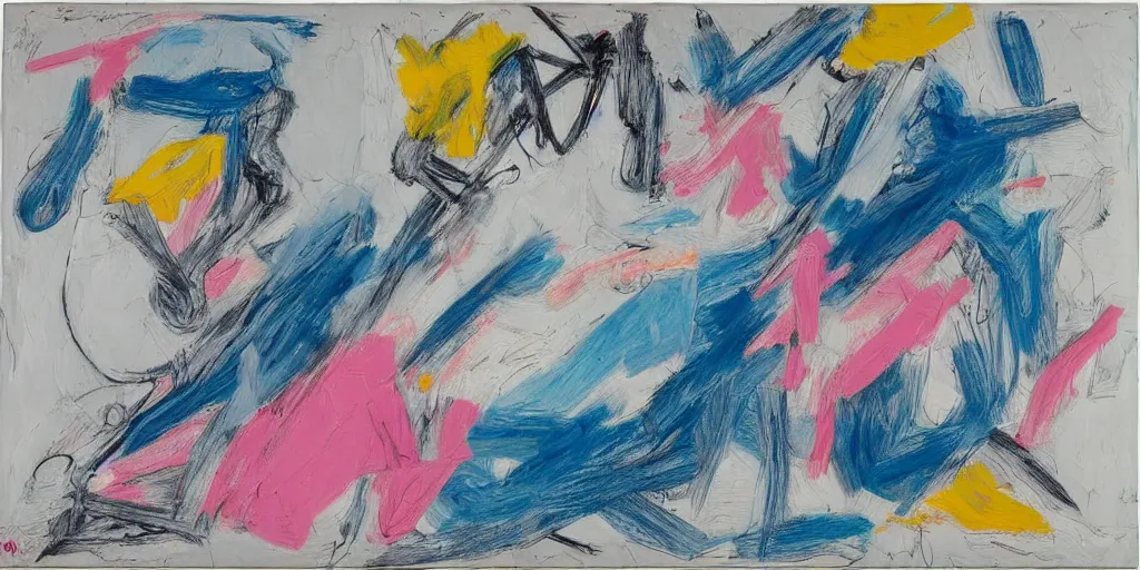 Prompt: de kooning thin scribble on white canvas, blue and pink shift, drawn by yves tanguy, second iteration, oil on canvas, thick impasto