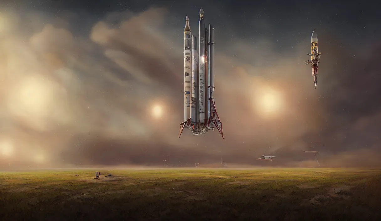 Image similar to epic professional digital art of vertical rocket on launch pad, at takeoff, ambient light, painted,, cinematic, detailed, intricate, grand, leesha hannigan, wayne haag, reyna rochin, ignacio fernandez rios, mark ryden, van herpen, artstation, cgsociety, epic, stunning, gorgeous, wow wow detail