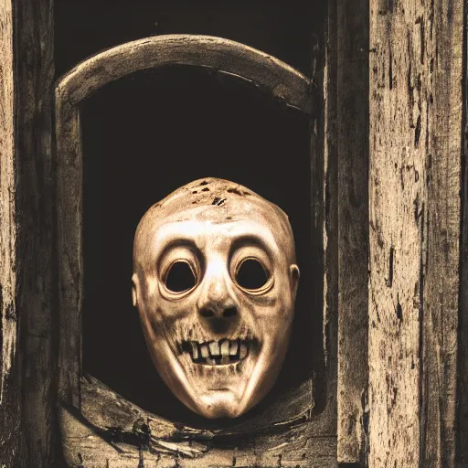 Image similar to photography, horror, a rotting undead corpse wears a wax mask of a healthy, smiling face to conceal the decomposing face beneath, disturbing, dusk, medieval tavern