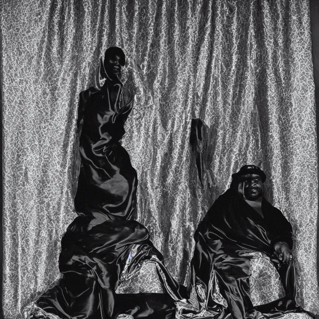 Prompt: Large black man sitting on throne wrapped in silk, background made of large folding curtains, dimly lit, dark, blacklight photography