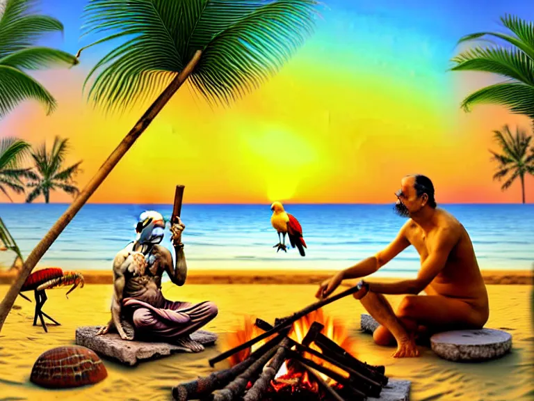 Image similar to gandhi sitting on a beach next to a campfire with palm trees in the back, holding a cigar, sunset, surrounded by different animals, parrots, turtle, lizard, crab, coconuts,, glorious lighting, epic environment, highly detailed, digital art, hyper realistic, beautiful, 8 k