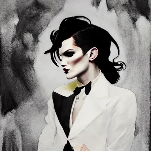 Image similar to stunning portrait of androgynous ruby rose as desire from sandman in a white tuxedo!!!, rockabilly style, by jeremy mann, by alphonse mucha, by peter lindbergh, dave mckean, by frank moth, white suit and black tie, soft lightning, high detailed, 8 k