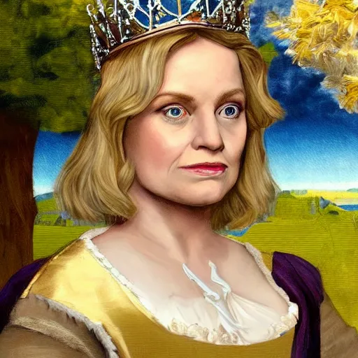 Image similar to leslie knope as a fantasy queen, preraphaelite painting