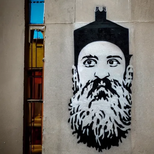 Image similar to banksy, georgian bearded king graffiti, real life, sharp focus