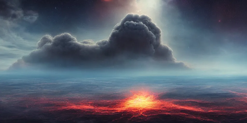 Prompt: a beautiful award-winning photo of god, being the last mind in a dead universe, serene post-nuclear background, a huge nuclear cloud, fire, cosmic horror, depression, intricate details, volumetric lighting, haze, very high quality, extremely detailed, subtle visual noise, hyperrealistic, 8K