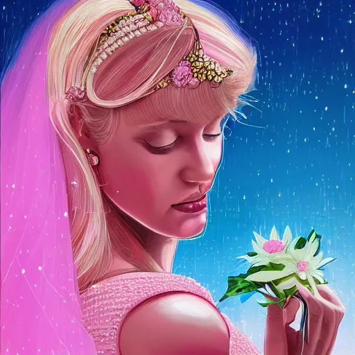 Image similar to Digital art of a princess with blonde hair and bangs, wearing a fancy pink ball dress and pearl earings, holding a pink and purple flower boquet in a light pink room by Dan Mumford and Sandra Chevrier, 4k