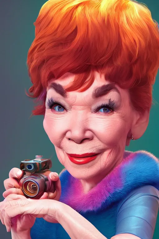 Image similar to shirley macLaine as a pixar character, vivid colors, high details, cinematic, 8k resolution, beautiful detailed, photorealistic, digital painting, artstation, concept art, smooth, sharp focus, illustration, fantasy background, artstation trending, octane render, unreal engine