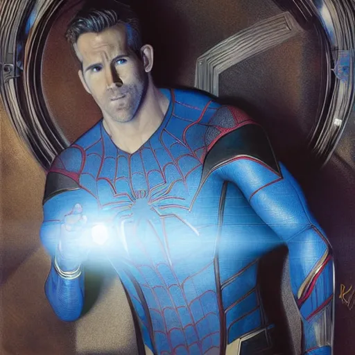 Image similar to ryan reynolds as a black and blue suit spider - man, cinematic, volumetric lighting, f 8 aperture, cinematic eastman 5 3 8 4 film, photorealistic by greg rutkowski, by stanley artgerm, by alphonse mucha