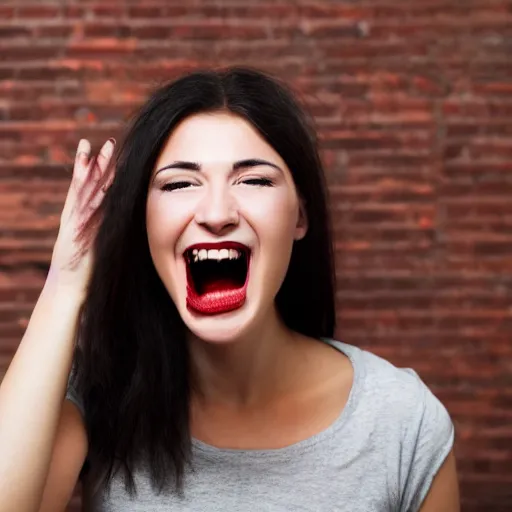 Prompt: photo of a woman breaking her teeth while biting a red brick