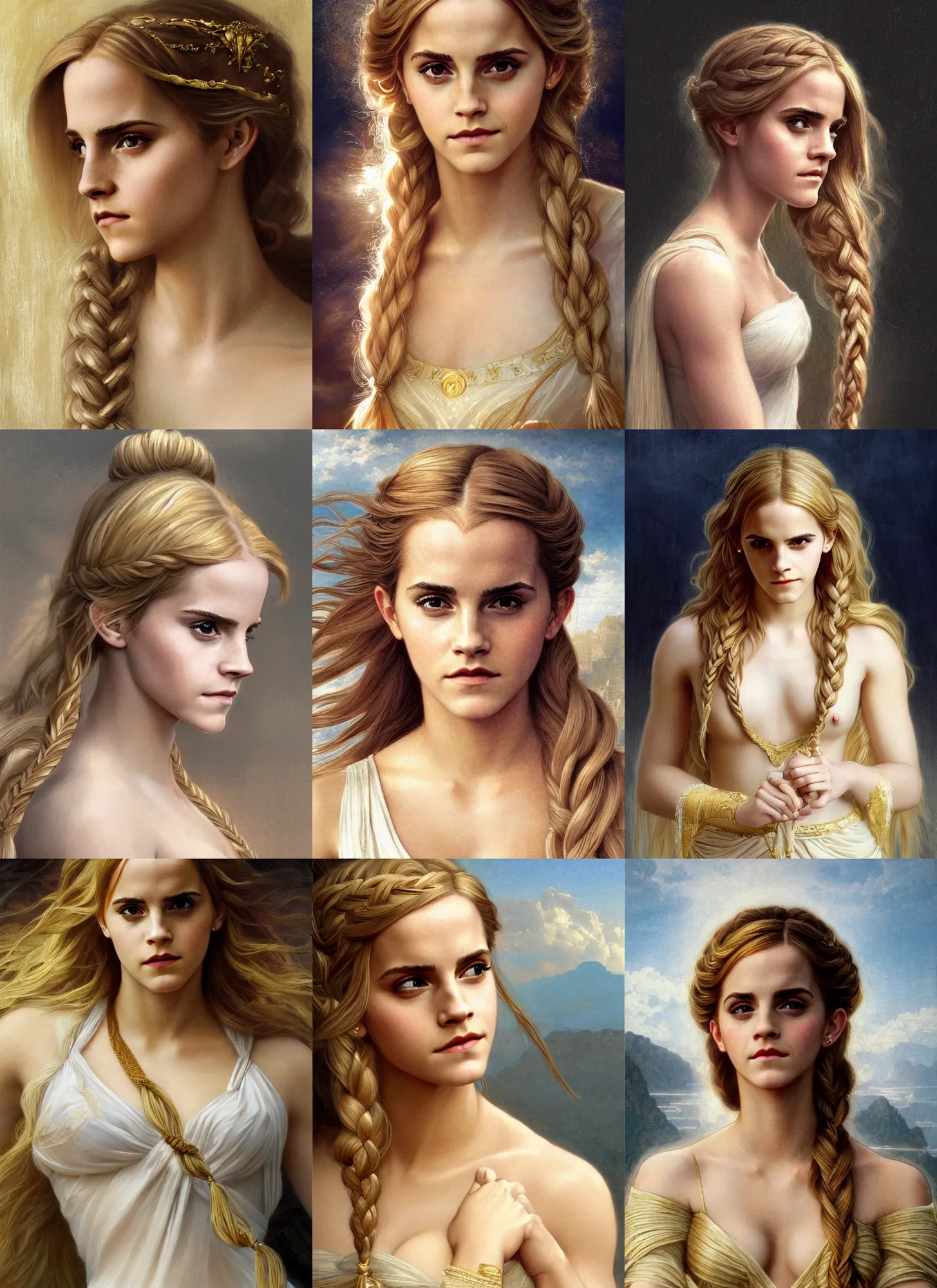 Prompt: emma watson as blond aphrodite, portrait close - up, long blond braided hair, white and gold dress, intricate, highly detailed, artstation, concept art, sharp focus, illustration, bouguereau, rutkowski, mucha