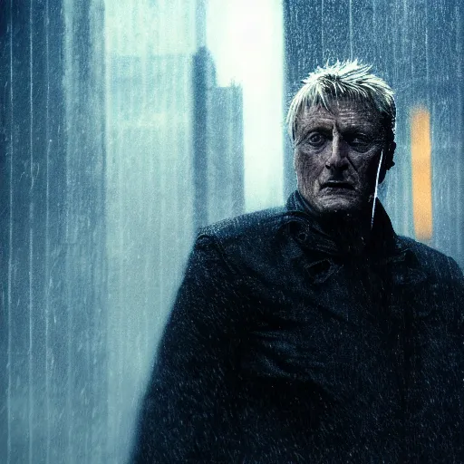 Image similar to cinematic portrait of rutger hauer in blade runner, neon rain, moody, elegant, by alyssa monks, highly detailed, symmetrical face, fine details, masterpiece, trending on artstation