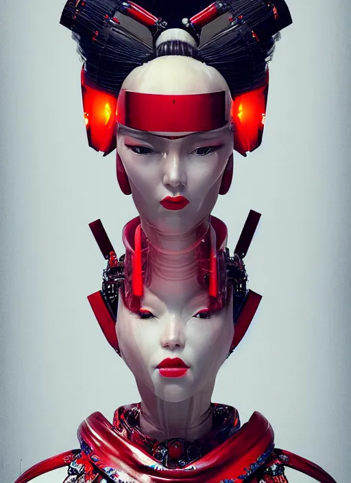 Image similar to portrait of a stylish futuristic geisha cyborg, with a red kimono with japanese golden signs written on it, kintsugi, modern fine art, fractal, intricate, elegant, highly detailed, digital photography, subsurface scattering, in the style of ghost, by jheronimus bosch and greg rutkowski,