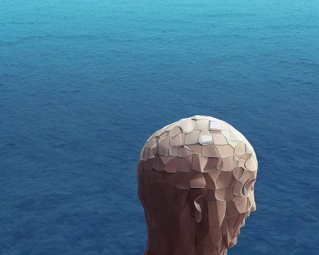 Image similar to a long shot of a giant human head award winning sculpture on the surface of the ocean, abstract sculpture, in the style of chad knight, hyper detailed, hyper realistic, ray tracing, 8 k resolution, sharp focus