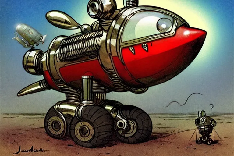Prompt: adventurer. 1 9 5 0 s retro future robot android mouse rv rocket sled robot. muted colors.. by jean baptiste monge. chrome red