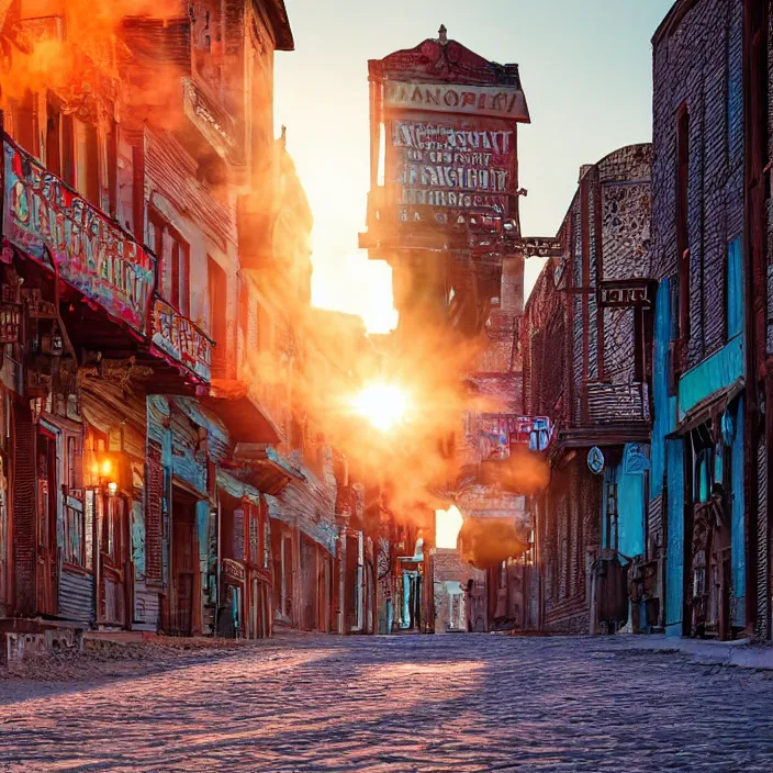 Image similar to a sunset light historical wild west empty street, duel between two cowboys, lots of sparkling details and sun ray's, blinding backlight, smoke, volumetric lighting, colorful, octane, 3 5 mm, saloon exterior, empty old town street, beautiful epic colored reflections, very colorful heavenly, softlight