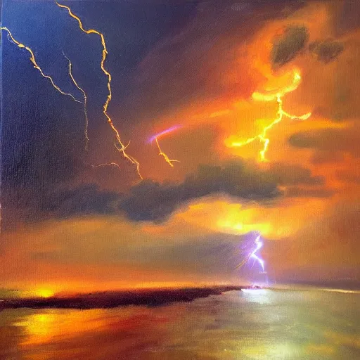 Prompt: “a town lightning storm oil panting”