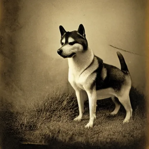 Image similar to photorealistic shiba inu in outlaw gear in the wild west old 1890s photograph