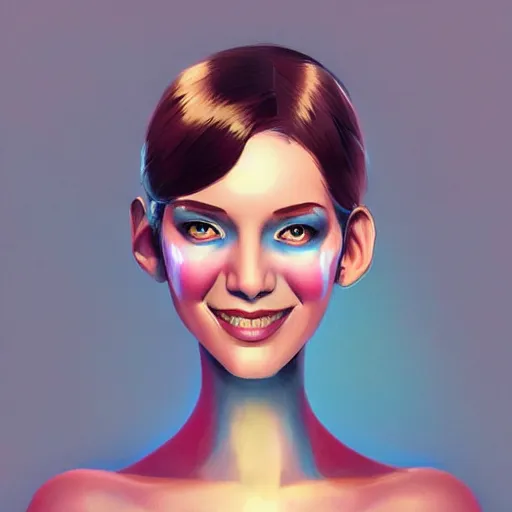 Image similar to android robot woman face painting, looking straight to camera, muted colors, matte print, pastel colors, ornate, digital art, cute smile, winning artwork, digital painting, professional art, elegant, by Ilya Kuvshinov, by artgerm