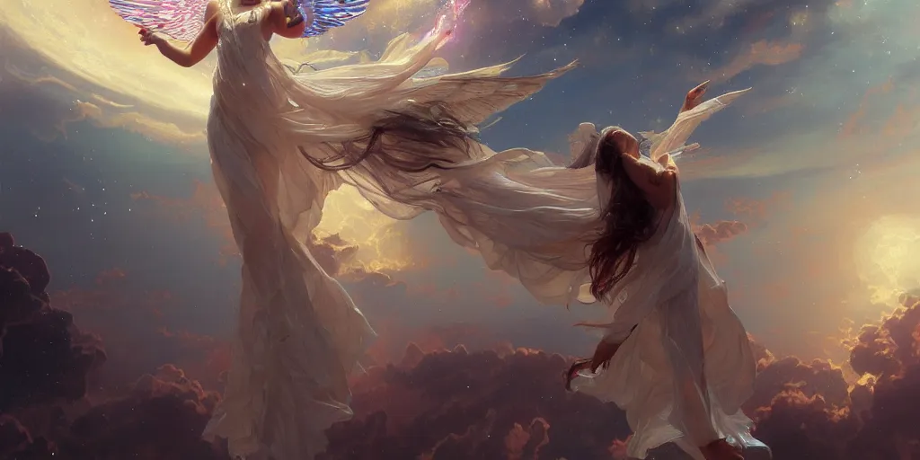 Prompt: robotic angel falling from heaven, girl, beautiful, intrinsicate detail, 4 5 degree angle, la creazione, cosmic clouds, unreal engine, redshift, sword, highly detailed, digital painting, artstation, concept art, sharp focus, illustration, art by greg rutkowski and alphonse mucha