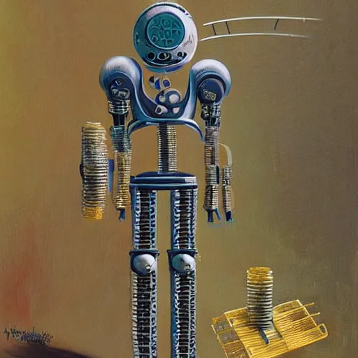 Image similar to a highly detailed retro futuristic robot with gears and other mechanical parts made out of pasta going for a walk outside, a robot made out of pasta, painting by Jim Burns