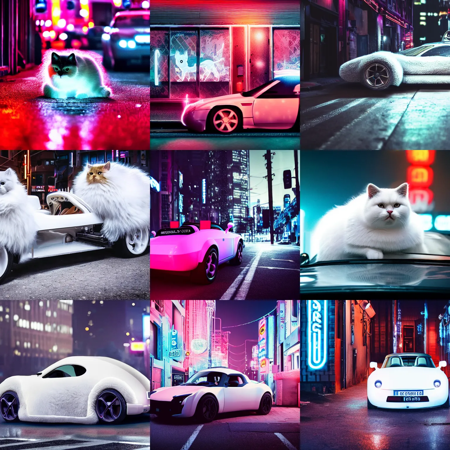 Image similar to a fluffy roadster covered with white fur and looked like a British Shorthair cat, parking in the street, Cyberpunk, neon light, front view, 4k, hd, highly detailed