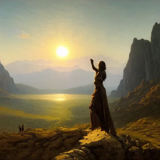 Prompt: an ultradetailed matte landscape painting of a large mountain made into a sculpture of a woman, sunrise on the horizon in the background, stone hand raised up, 8 k, art by greg rutkowski and albert bierstadt