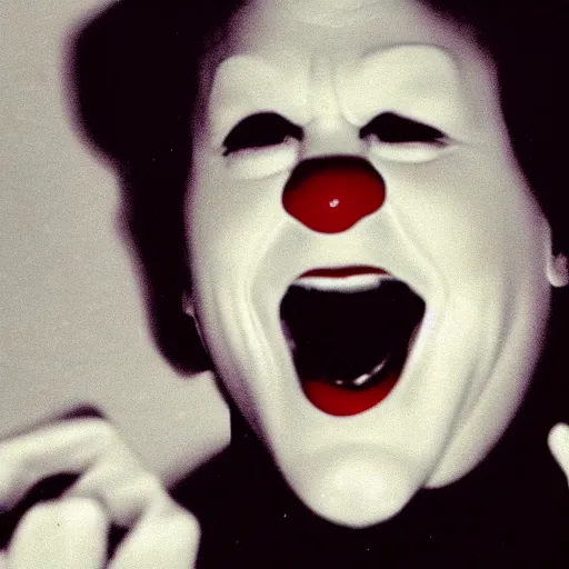 Image similar to creppy 2 0 0 1 photo of ronald mcdonald screaming in a dark room