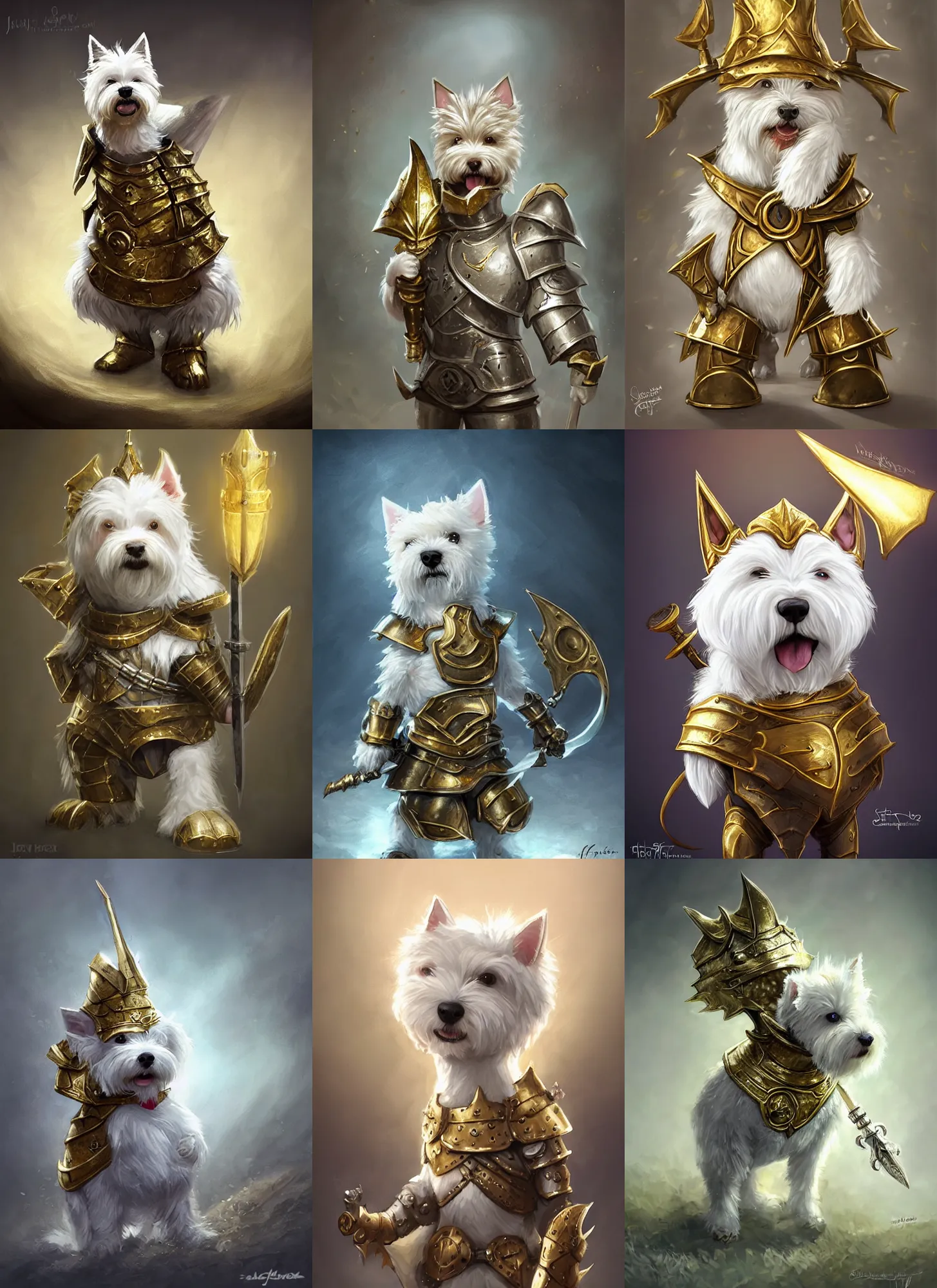 Prompt: A cute little anthropomorphic west highland white terrier knight wearing gold metal armor, joy, happy, short, baby animal, DnD character art portrait, ultra realistic, ultra detailed, cinematic lighting, epic lighting, volumetric light, DeviantArt Artstation, by Jason Felix by Steve Argyle by Tyler Jacobson by Peter Mohrbacher