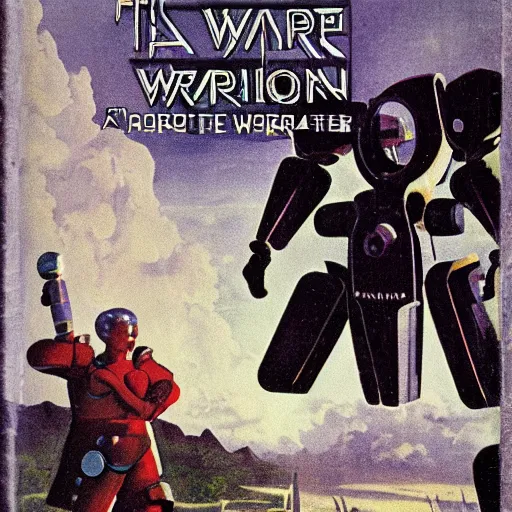 Image similar to a vintage scifi book cover of a warrior woman facing off against a gigantic robot, low perspective, detailed clouds