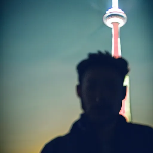 Image similar to man with mars for head in front of Toronto space needle, dramatic epic cinematic lighting, maple leaves and daggers background
