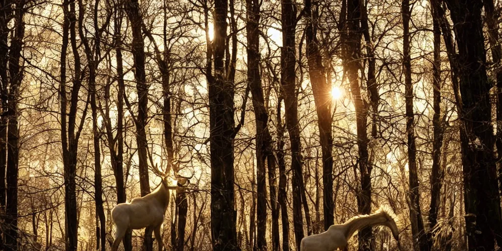 Image similar to a long haired albino elk with a long neck like a giraffe walks thru an enchanted forest, majestic!!! beautiful!!!, ethereal!!!, loving, ultra realistic, winter, golden hour, volumetric lighting, sharp focus