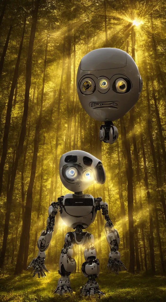 Image similar to a robot portrait in a movie, forest, cinematic shot, sun beams