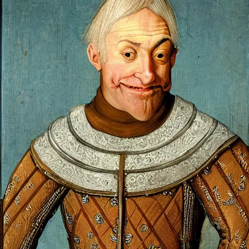 Image similar to a portrait of a very ugly medieval nobleman with white hair, big forhead and mismatched eyes.