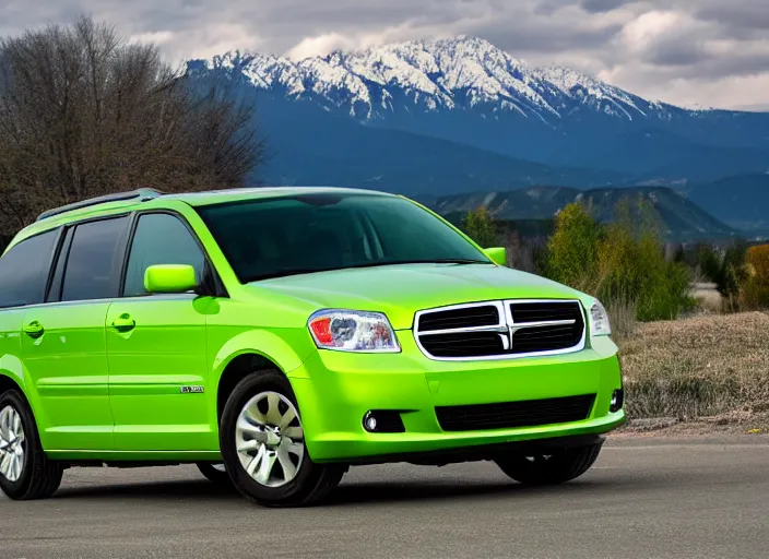 Image similar to lime green dodge caravan in a parking lot with the wasatch mountains in the background, photography, high definition