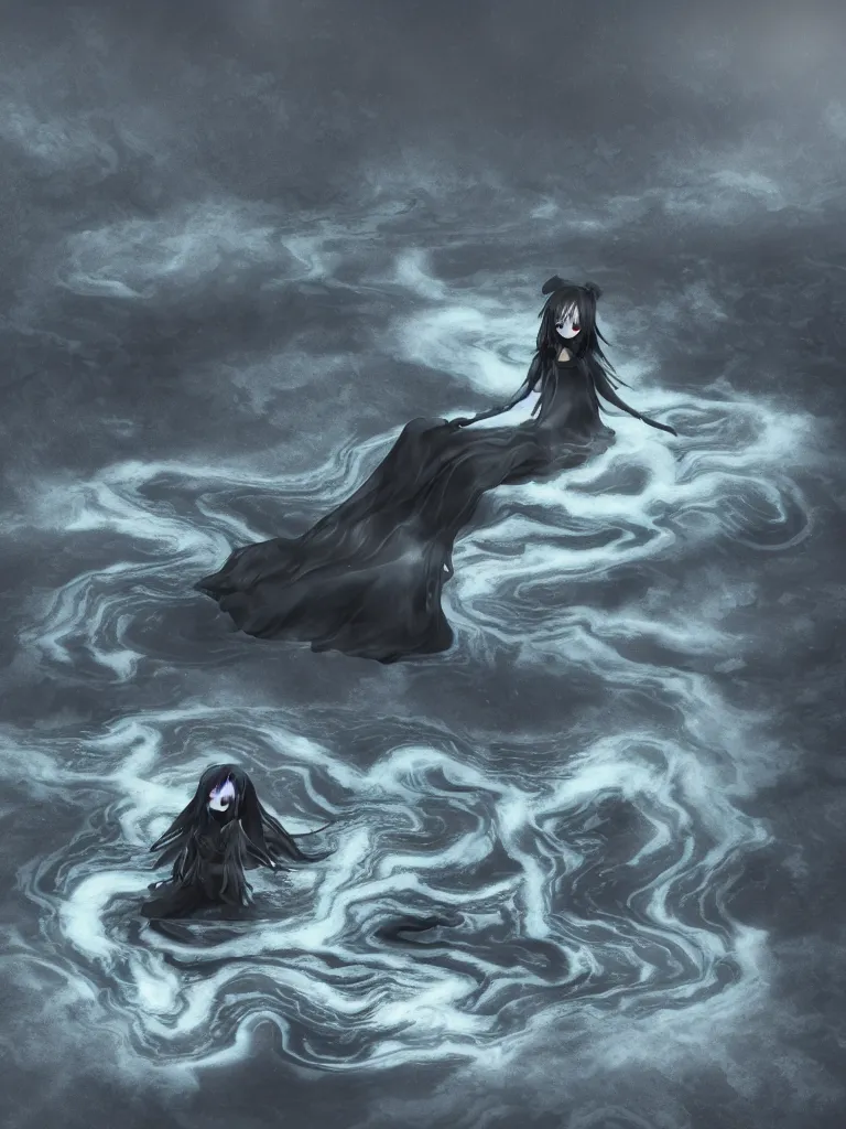 Prompt: cute fumo plush of a cursed frail witch girl sinking into an inky black reflective pond of blackness swirling with strange energetic fluid, volumetric smoke and fog, environment map reflective water, goth, vignette, vray