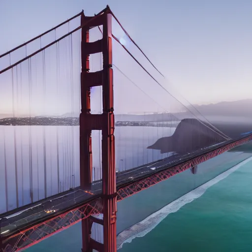 Image similar to a photo of a airplane flying under golden gate bridge at dusk