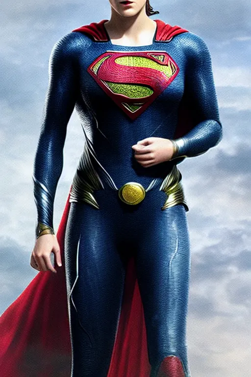 Prompt: a fancy close up of Man of Steel cast as Emma Watson by Greg Rutkowski, full body shot