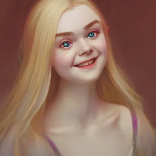 Prompt: portrait of Elle Fanning, looking at camera, D&D, intricate, elegant, stylish, cute smile, mouth slightly open, fantasy, extremely detailed, digital painting, artstation, concept art, smooth, sharp focus, illustration, stunning lighting, art by artgerm and greg rutkowski and alphonse mucha and simon stalenhag.