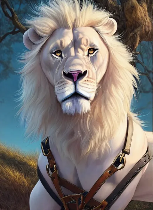 Image similar to aesthetic portrait commission of a of a male fully furry muscular anthro albino lion wearing a summer outfit and leather harness with a tail and a beautiful attractive hyperdetailed face at golden hour, fully clothed . Character design by charlie bowater, ross tran, artgerm, and makoto shinkai, detailed, inked, western comic book art, 2021 award winning film poster painting