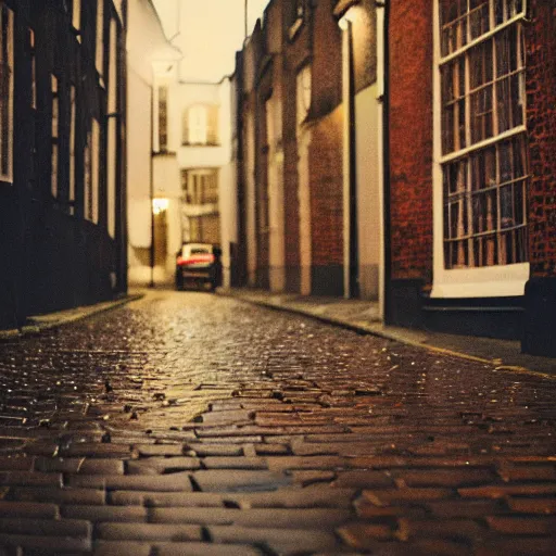 Image similar to photo, london cobblestone street at night, rain, 5 0 mm f / 1. 4, cinestill 8 0 0,