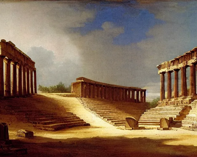 Prompt: deserted ancient greek amphitheater by hubert robert,