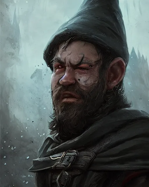 Image similar to A head and shoulder portrait of a DnD deep gnome rogue with two daggers at his waist and he is wearing a black hood by Greg Rutkowski, Sung Choi, Mitchell Mohrhauser, Maciej Kuciara, Johnson Ting, Maxim Verehin, Peter Konig, final fantasy, 8k photorealistic, cinematic lighting, HD, high details, dramatic, epic atmosphere, trending on artstation