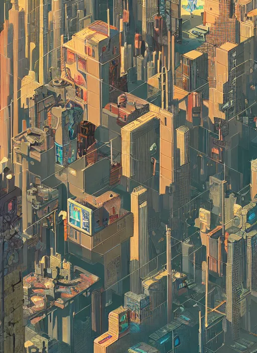 Prompt: a graphic layout design poster of a cyberpunk city in maze, chris ware, peter mohrbacher, jane newland, peter gric, chris ware, aaron horkey, illustration, artstation