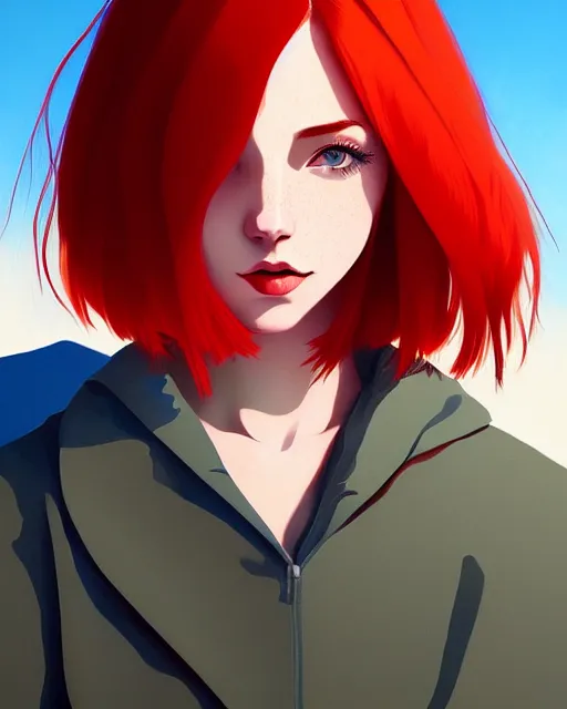 Image similar to a detailed portrait of a beautiful!! woman with red hair and freckles by ilya kuvshinov, digital art, dramatic lighting, dramatic angle